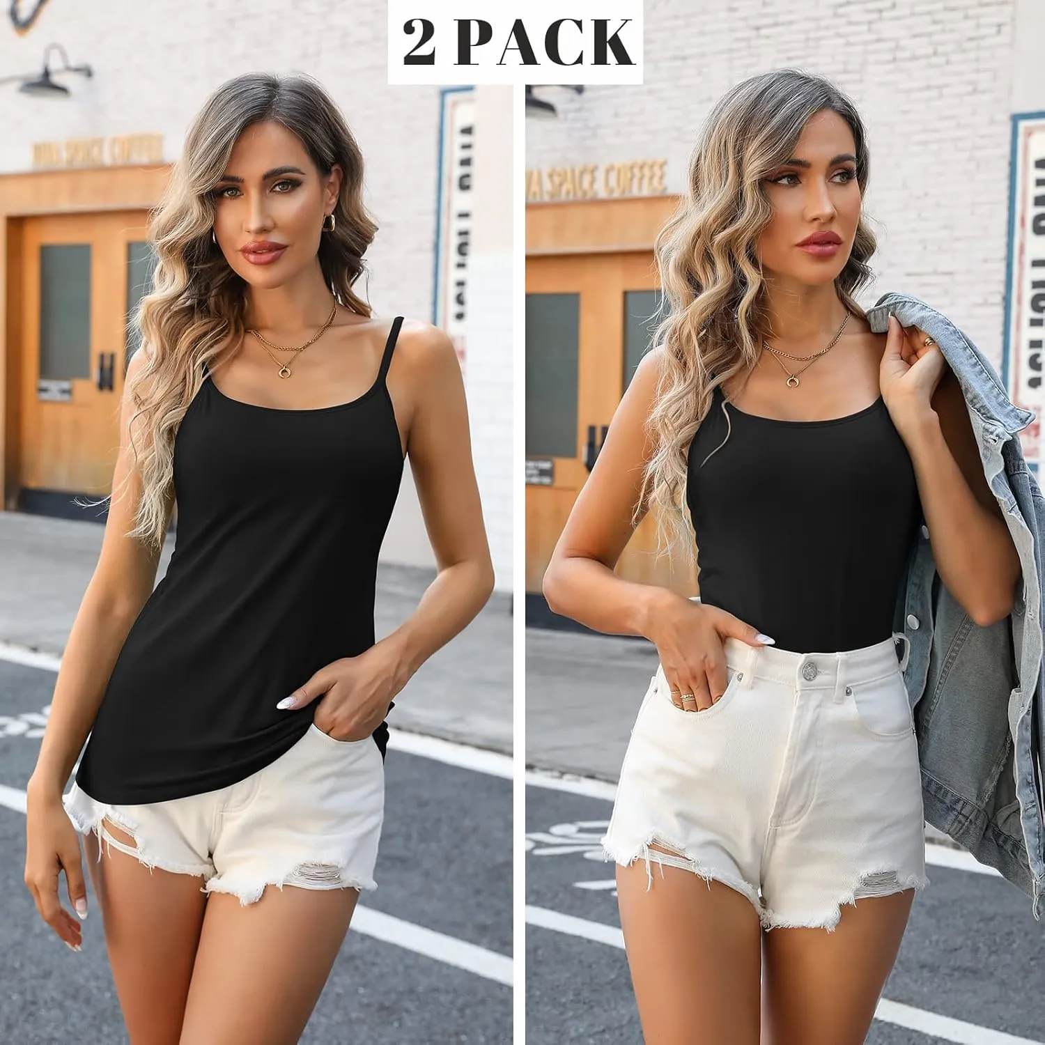 V FOR CITY Women's Shelf Bra Camisole Tops Adjustable Spaghetti Strap Cami Tank Cotton Undershirts 2 Pack