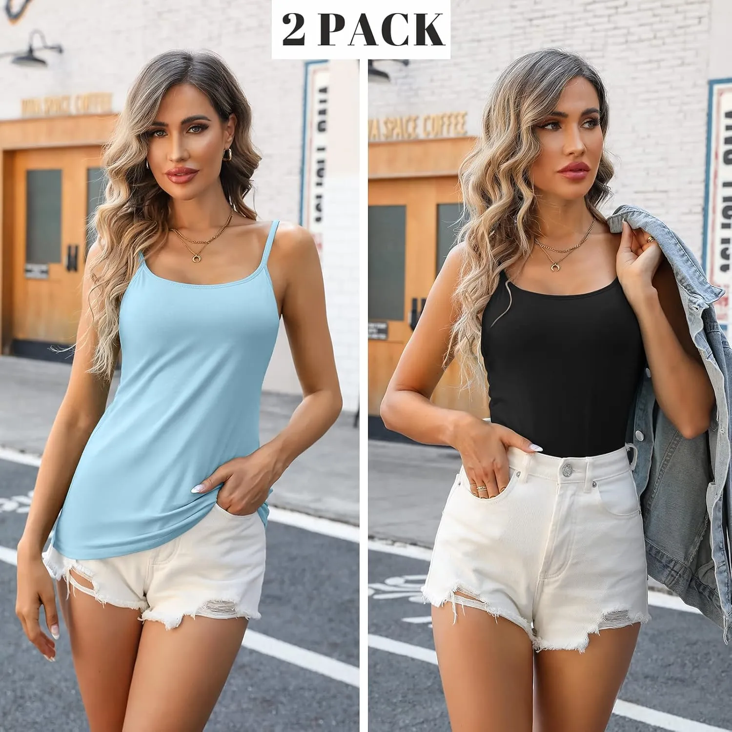 V FOR CITY Women's Shelf Bra Camisole Tops Adjustable Spaghetti Strap Cami Tank Cotton Undershirts 2 Pack