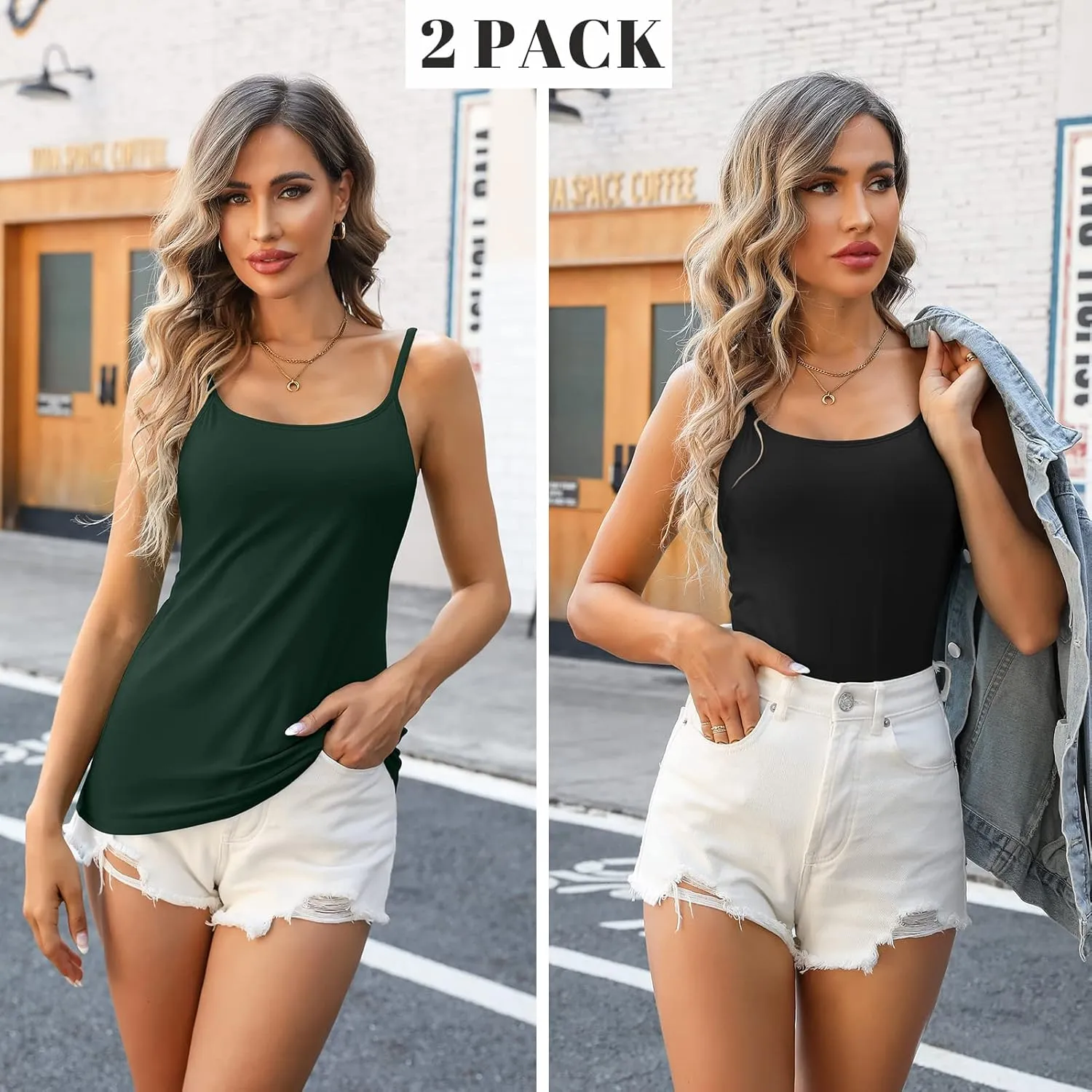 V FOR CITY Women's Shelf Bra Camisole Tops Adjustable Spaghetti Strap Cami Tank Cotton Undershirts 2 Pack