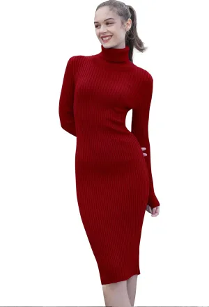 v28 Women Stretchable Knitted Long Sleeve Slim Fitted Ribbed Soft Sweater Dress