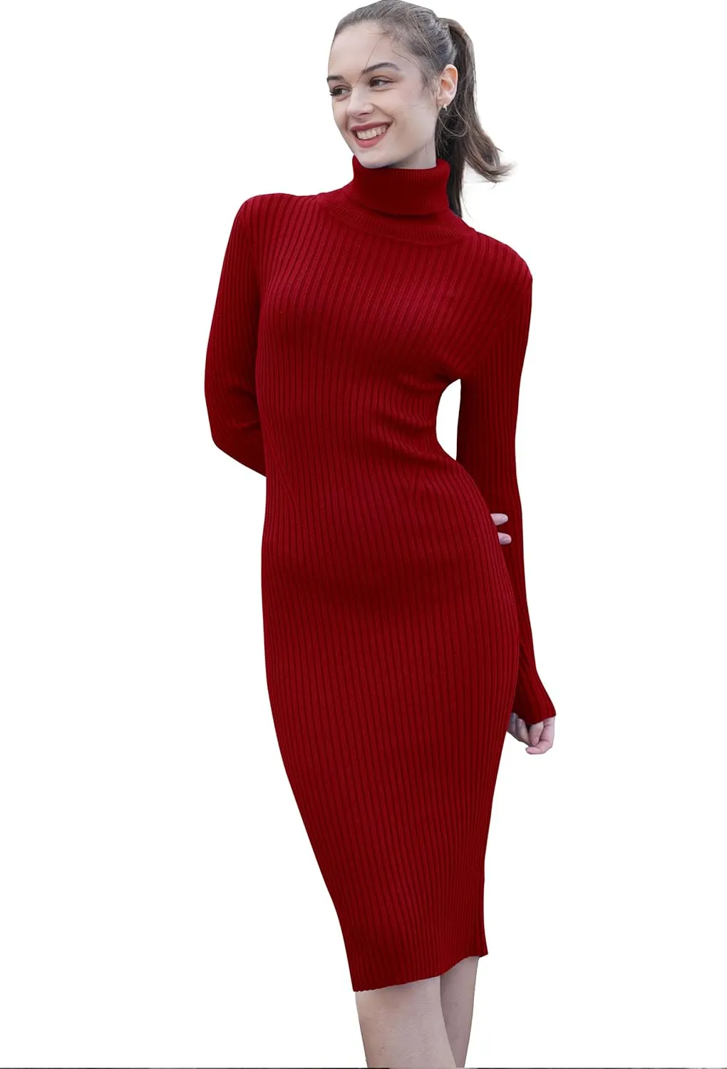 v28 Women Stretchable Knitted Long Sleeve Slim Fitted Ribbed Soft Sweater Dress