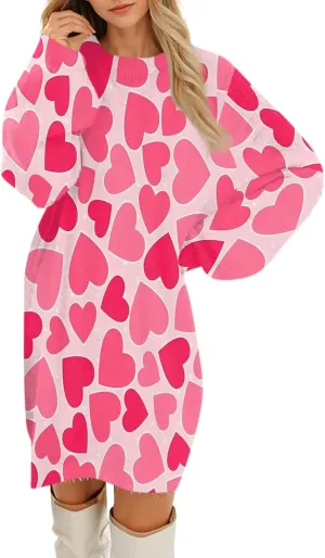Valentines Day Dress for Women Round Neck Casual Long Sleeve Plush Plaid Dresses