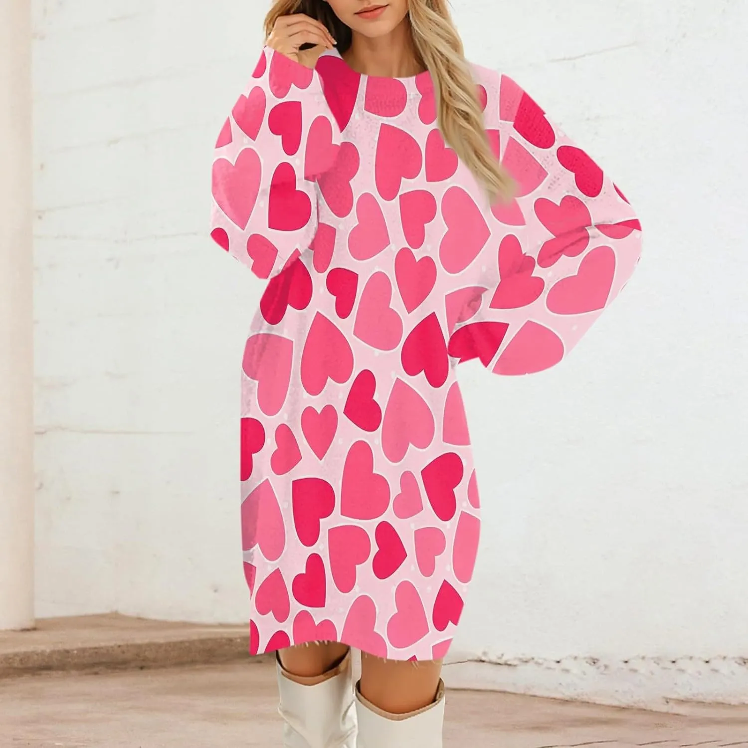 Valentines Day Dress for Women Round Neck Casual Long Sleeve Plush Plaid Dresses