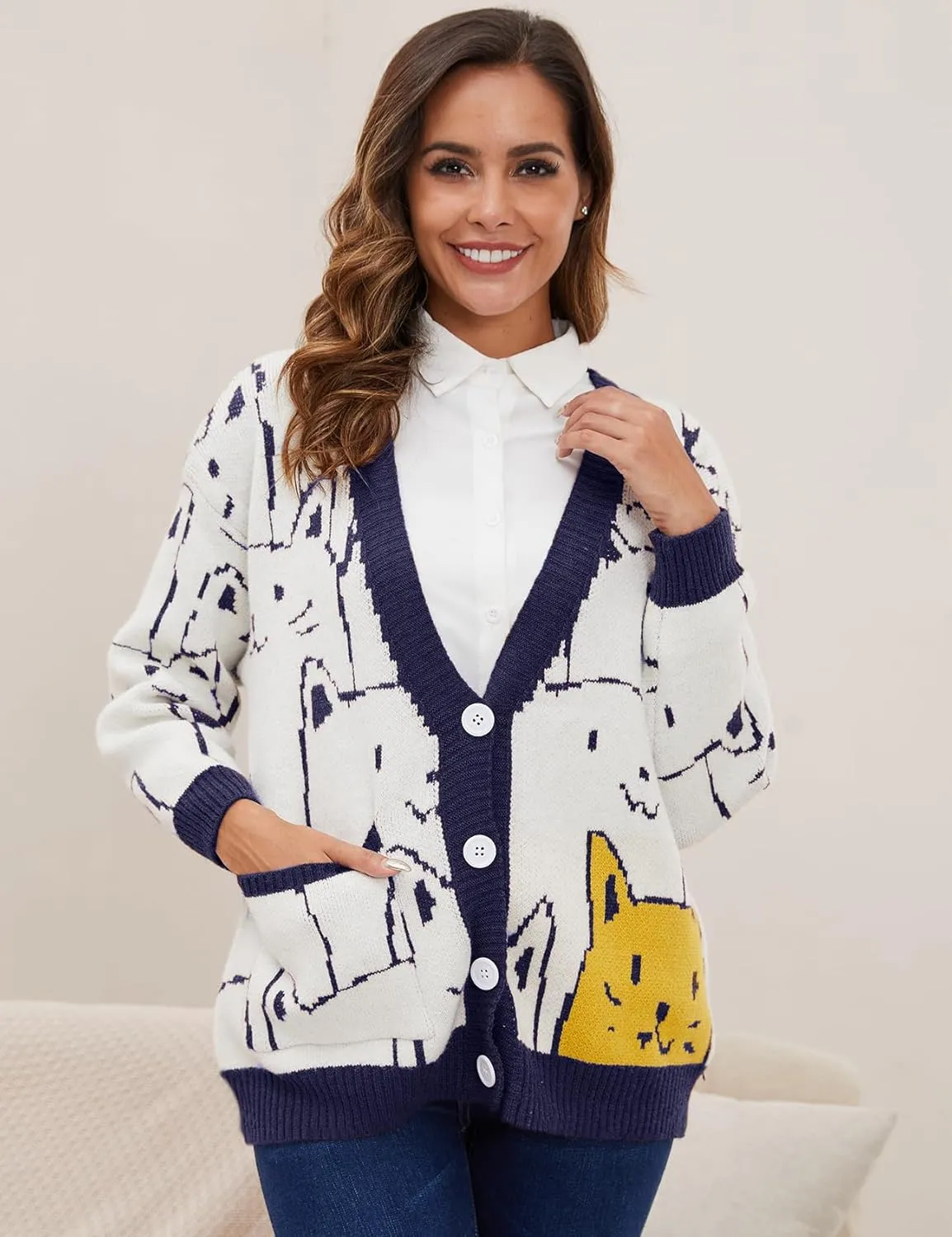 VDWIP Women Cardigan Sweater Cartoon V Neck Button Down Open Front Cat Print Knit Cardigan Vintage Sweater Outwear