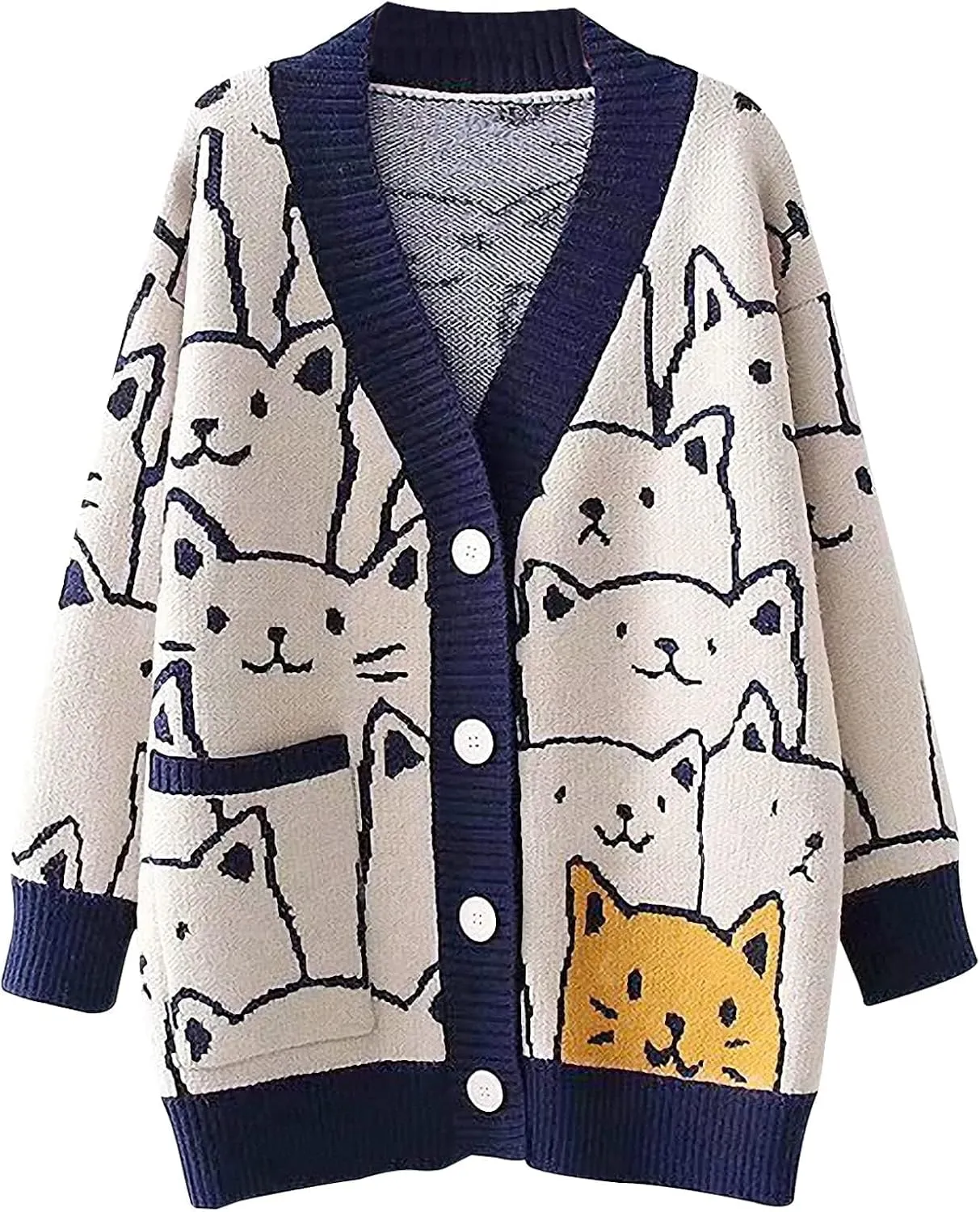 VDWIP Women Cardigan Sweater Cartoon V Neck Button Down Open Front Cat Print Knit Cardigan Vintage Sweater Outwear
