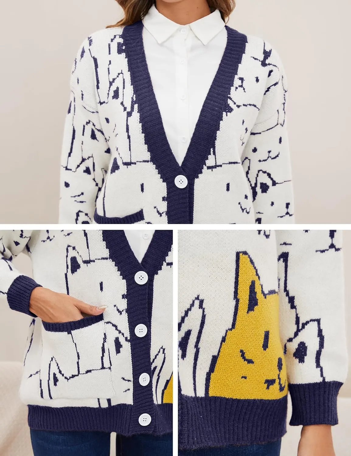 VDWIP Women Cardigan Sweater Cartoon V Neck Button Down Open Front Cat Print Knit Cardigan Vintage Sweater Outwear