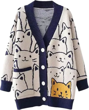 VDWIP Women Cardigan Sweater Cartoon V Neck Button Down Open Front Cat Print Knit Cardigan Vintage Sweater Outwear