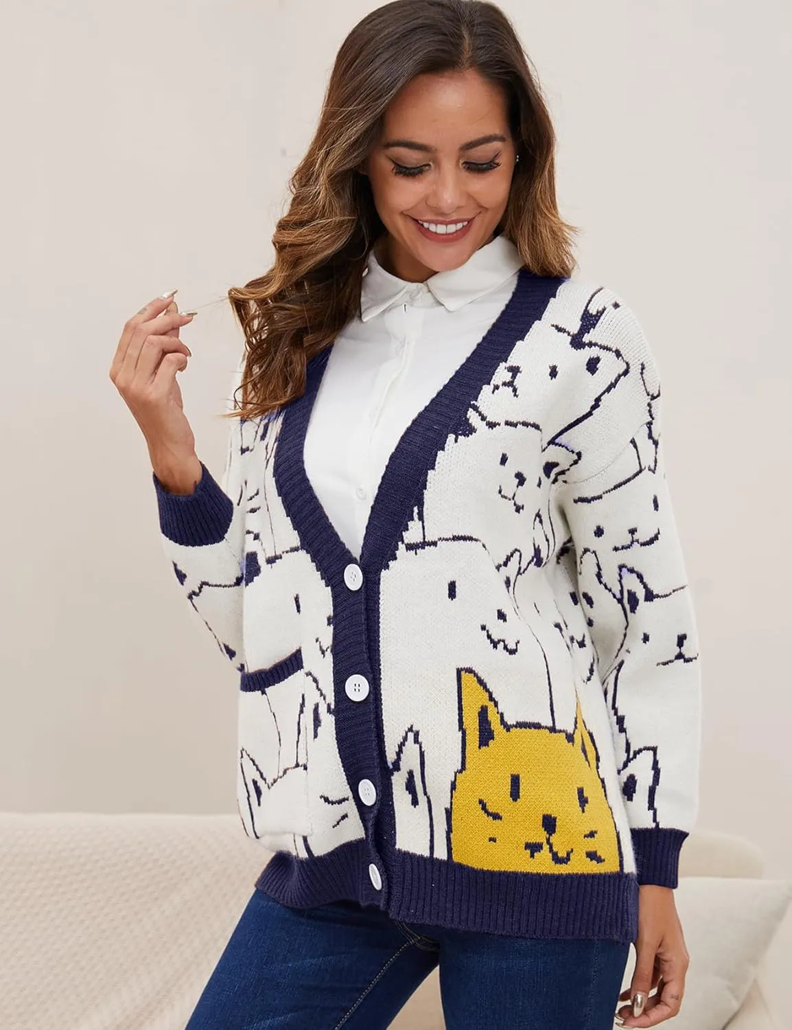 VDWIP Women Cardigan Sweater Cartoon V Neck Button Down Open Front Cat Print Knit Cardigan Vintage Sweater Outwear