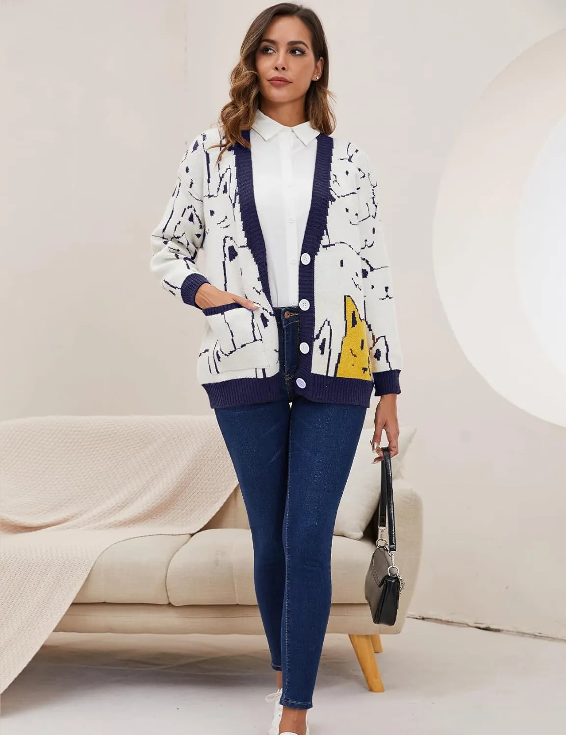 VDWIP Women Cardigan Sweater Cartoon V Neck Button Down Open Front Cat Print Knit Cardigan Vintage Sweater Outwear