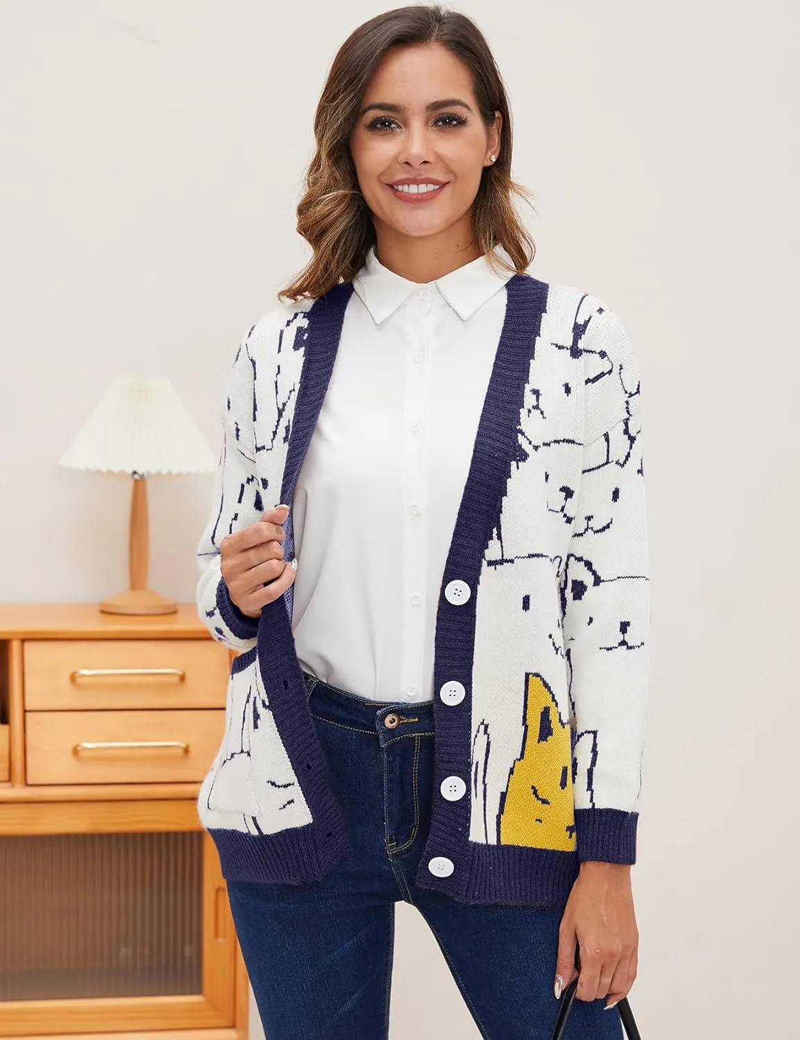 VDWIP Women Cardigan Sweater Cartoon V Neck Button Down Open Front Cat Print Knit Cardigan Vintage Sweater Outwear