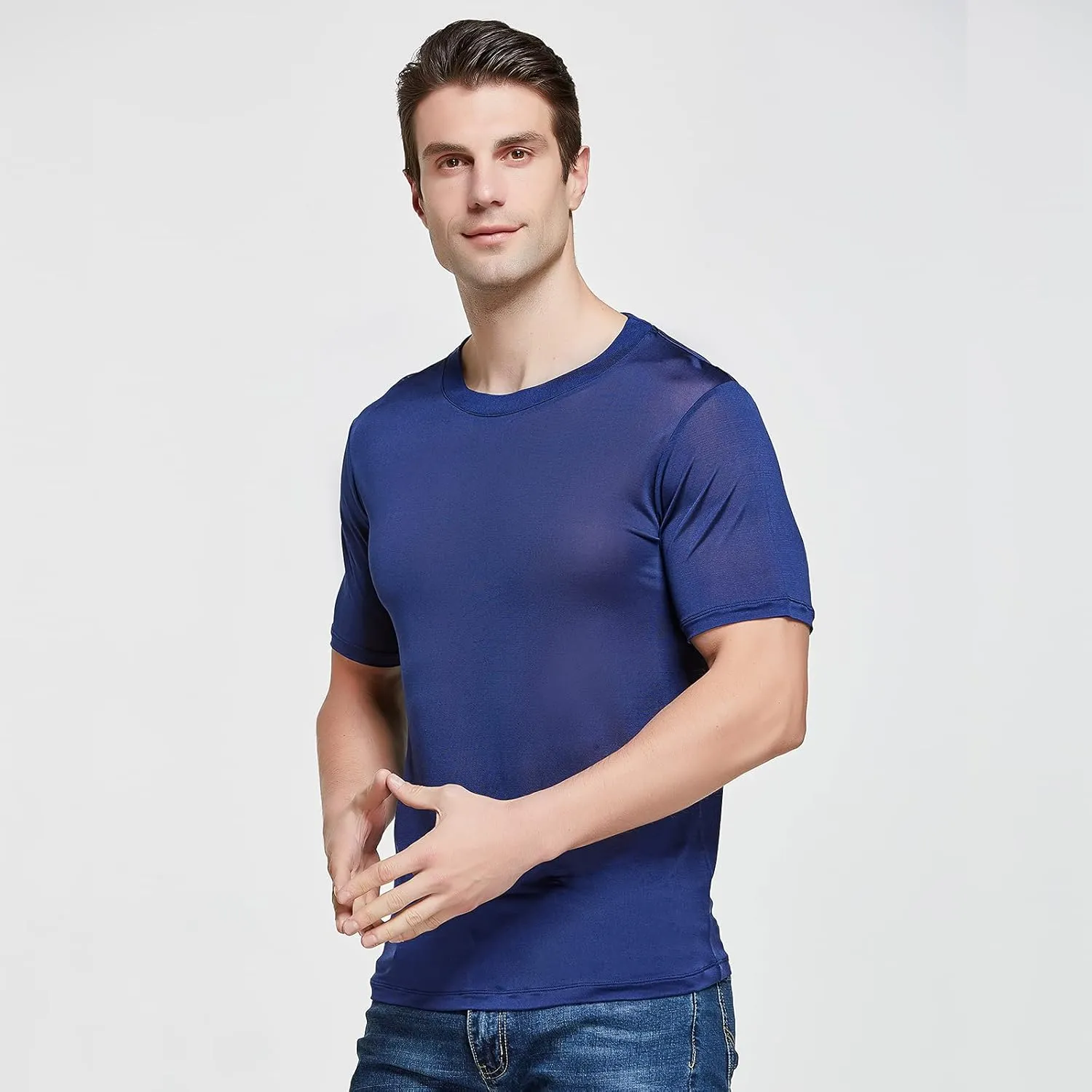 Viamulion Mens Silk Knitted T Shirt 100% Pure Mulberry Silk Sleep T Shirt Soft Cool Performance Crew Neck Casual Undershirt