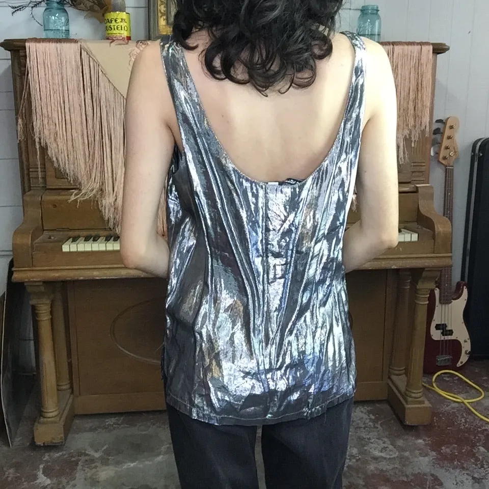 Vintage 80s | Glam Metallic Silver Shiny Disco Party Blouse Tank Top | M