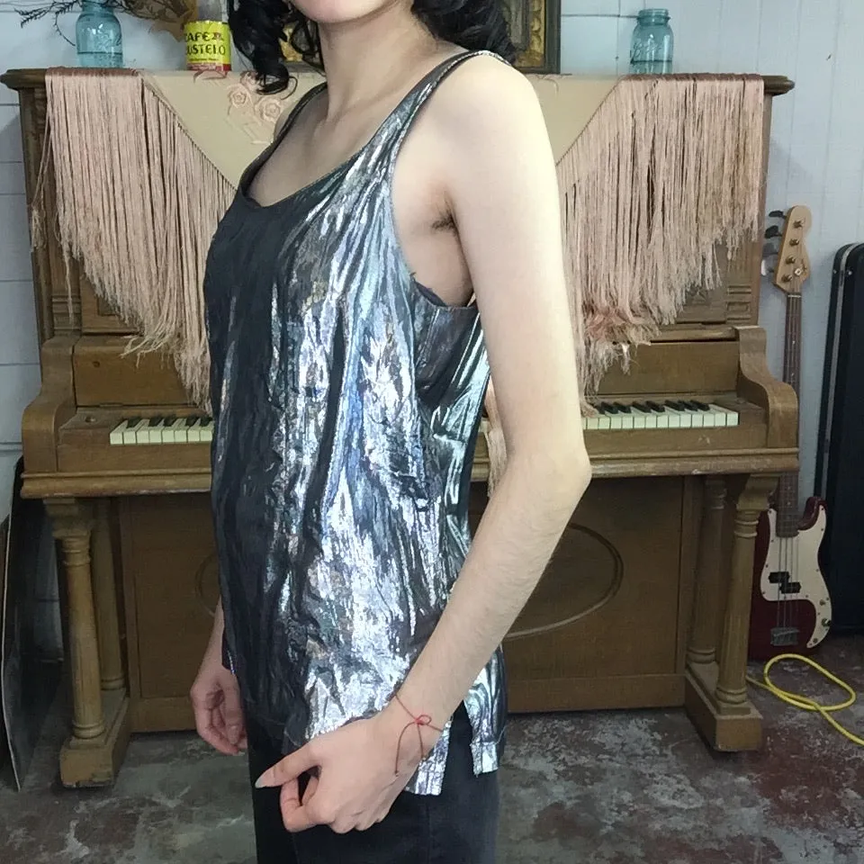 Vintage 80s | Glam Metallic Silver Shiny Disco Party Blouse Tank Top | M
