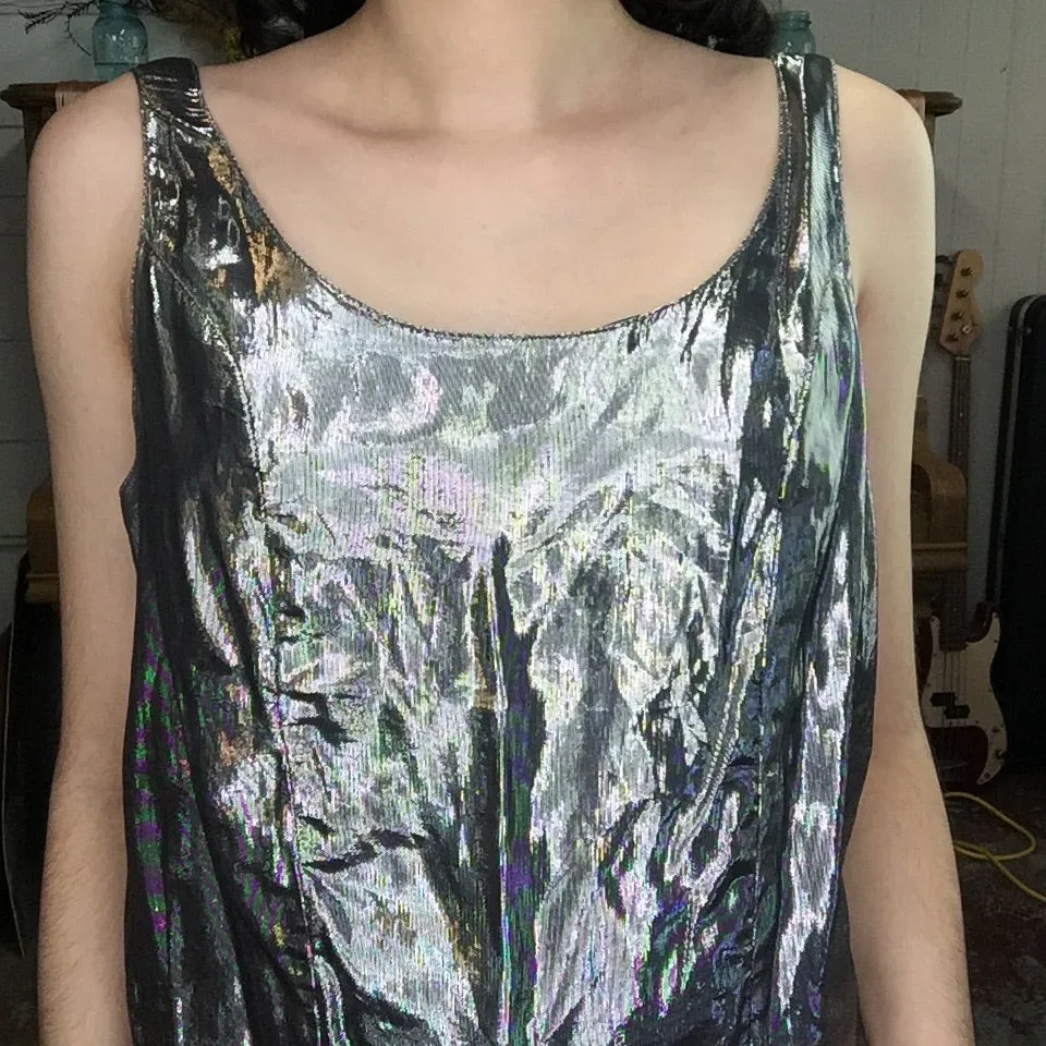 Vintage 80s | Glam Metallic Silver Shiny Disco Party Blouse Tank Top | M