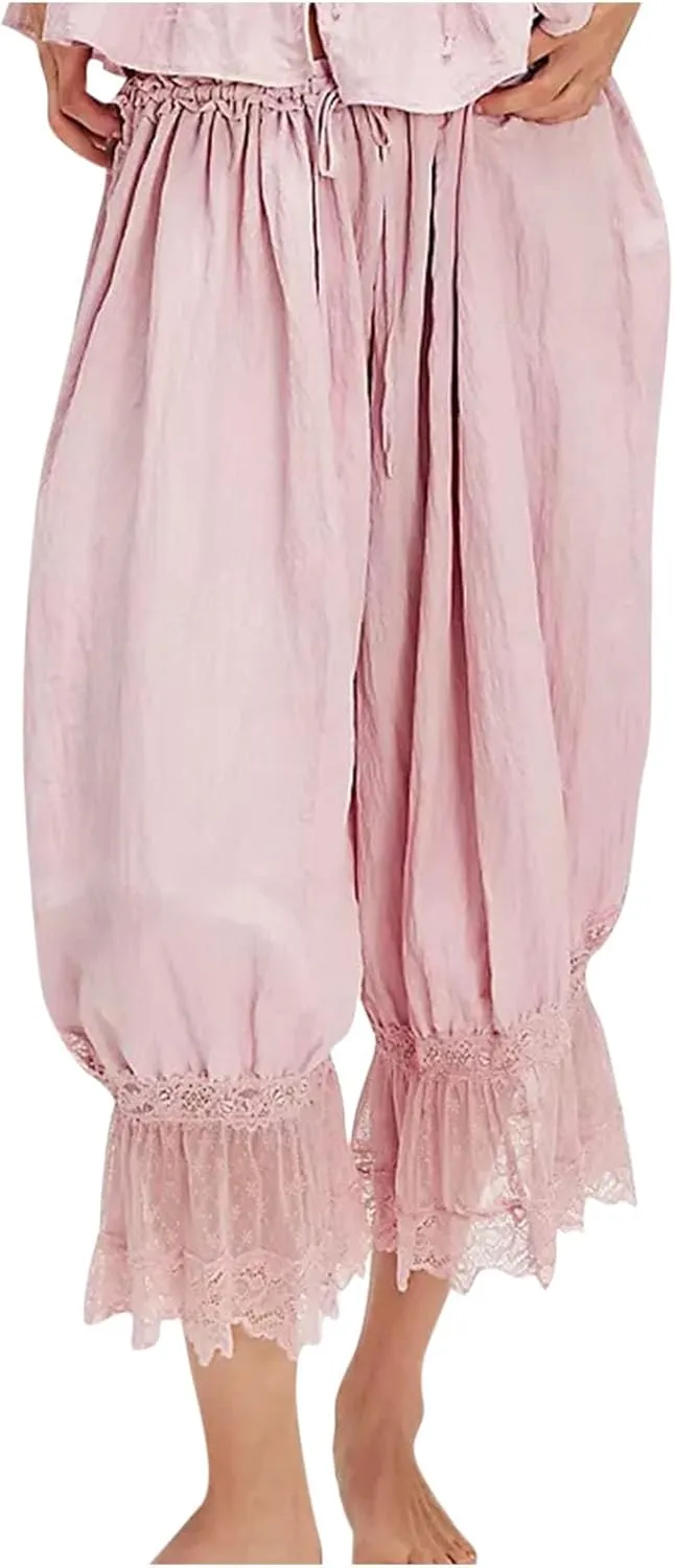 Vintage Lace Hem Pajama Pants for Women Victorian Elastic Low Rise Bloomers Pjs Bottom Cute Pleated Y2k Sleepwear Capri Pant