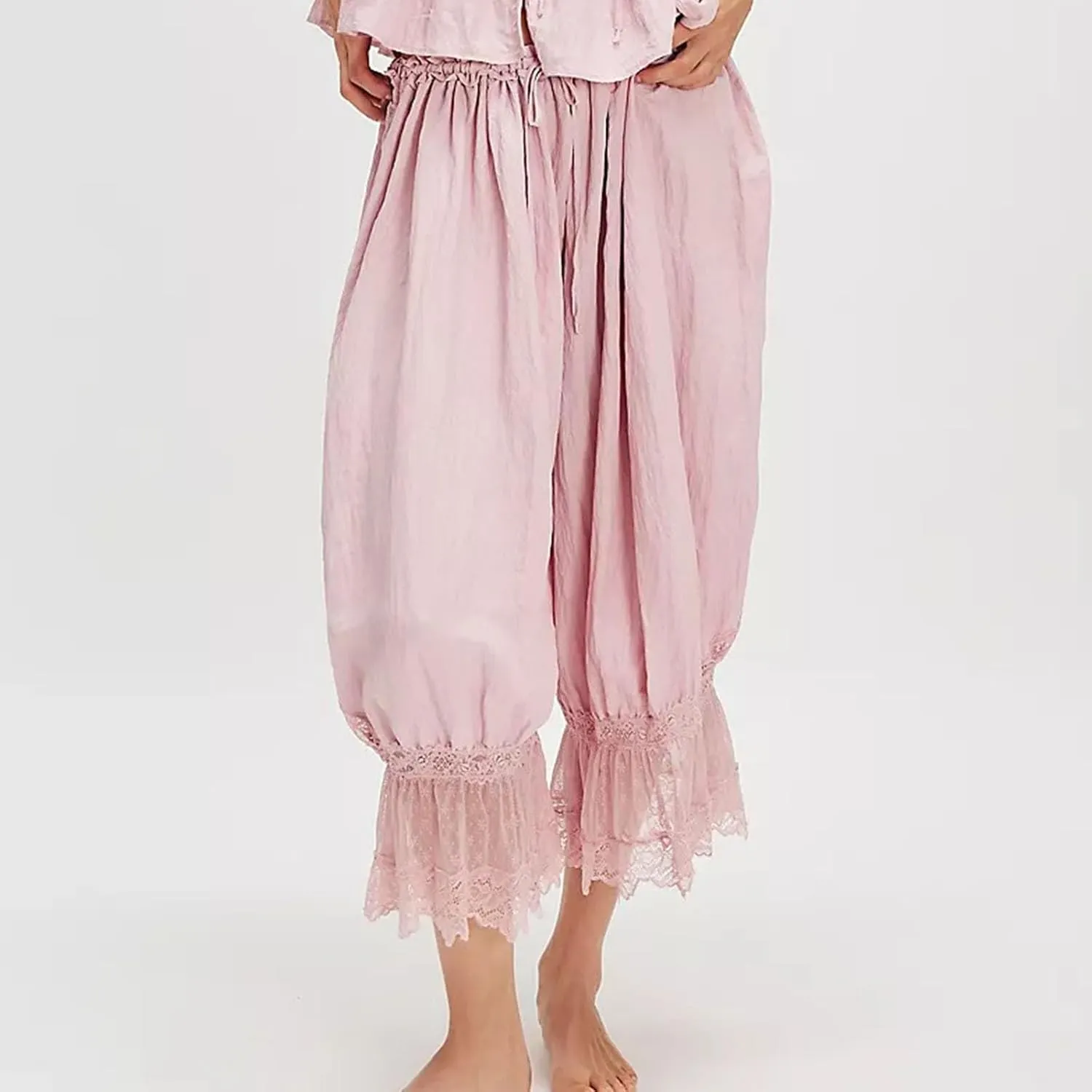 Vintage Lace Hem Pajama Pants for Women Victorian Elastic Low Rise Bloomers Pjs Bottom Cute Pleated Y2k Sleepwear Capri Pant