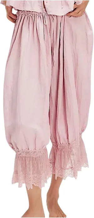 Vintage Lace Hem Pajama Pants for Women Victorian Elastic Low Rise Bloomers Pjs Bottom Cute Pleated Y2k Sleepwear Capri Pant