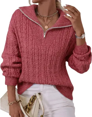 Vivilli Women's Oversized Sweater Quarter Zip Chunky Cable Knit Sweaters Fall Winter Fashion Pullover Sweater Tops