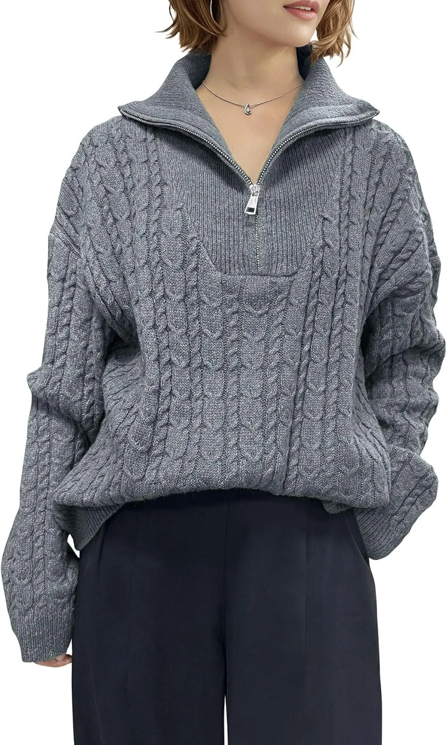 Vivilli Women's Oversized Sweater Quarter Zip Chunky Cable Knit Sweaters Fall Winter Fashion Pullover Sweater Tops