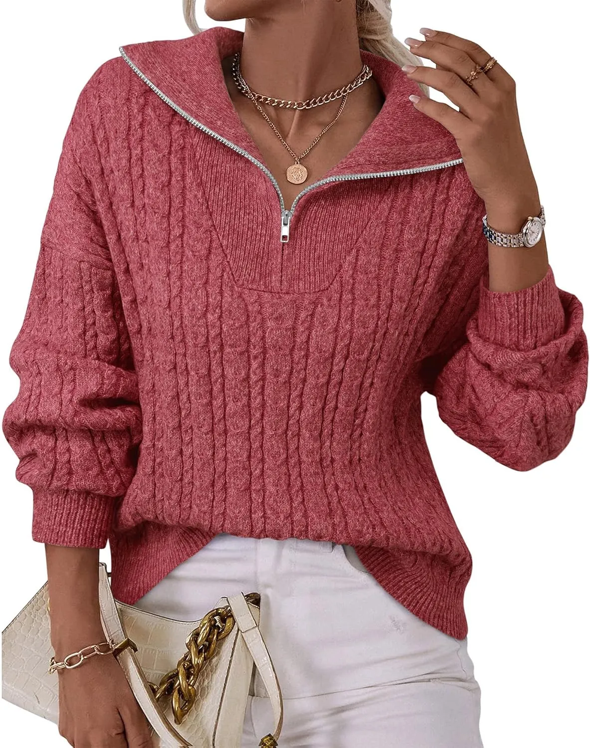 Vivilli Women's Oversized Sweater Quarter Zip Chunky Cable Knit Sweaters Fall Winter Fashion Pullover Sweater Tops