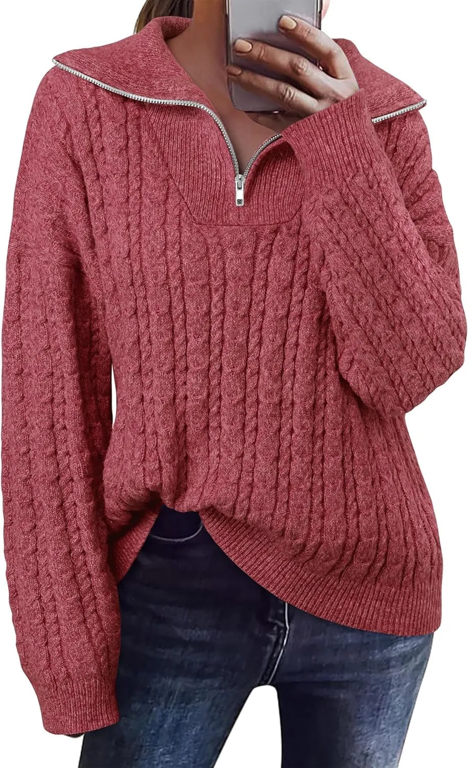 Vivilli Women's Oversized Sweater Quarter Zip Chunky Cable Knit Sweaters Fall Winter Fashion Pullover Sweater Tops