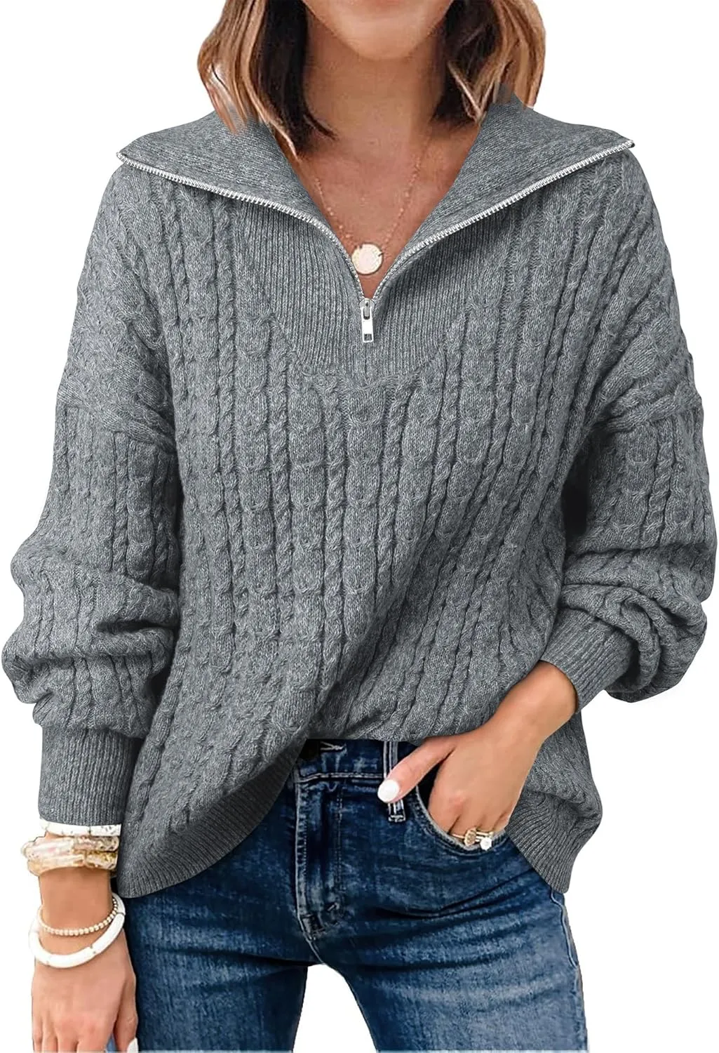 Vivilli Women's Oversized Sweater Quarter Zip Chunky Cable Knit Sweaters Fall Winter Fashion Pullover Sweater Tops