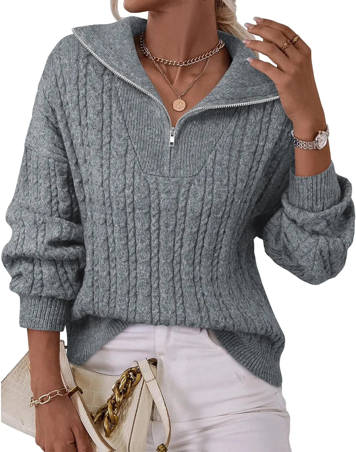 Vivilli Women's Oversized Sweater Quarter Zip Chunky Cable Knit Sweaters Fall Winter Fashion Pullover Sweater Tops