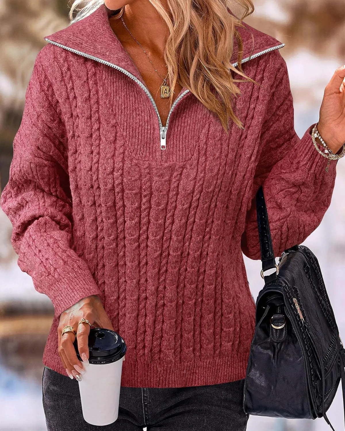 Vivilli Women's Oversized Sweater Quarter Zip Chunky Cable Knit Sweaters Fall Winter Fashion Pullover Sweater Tops