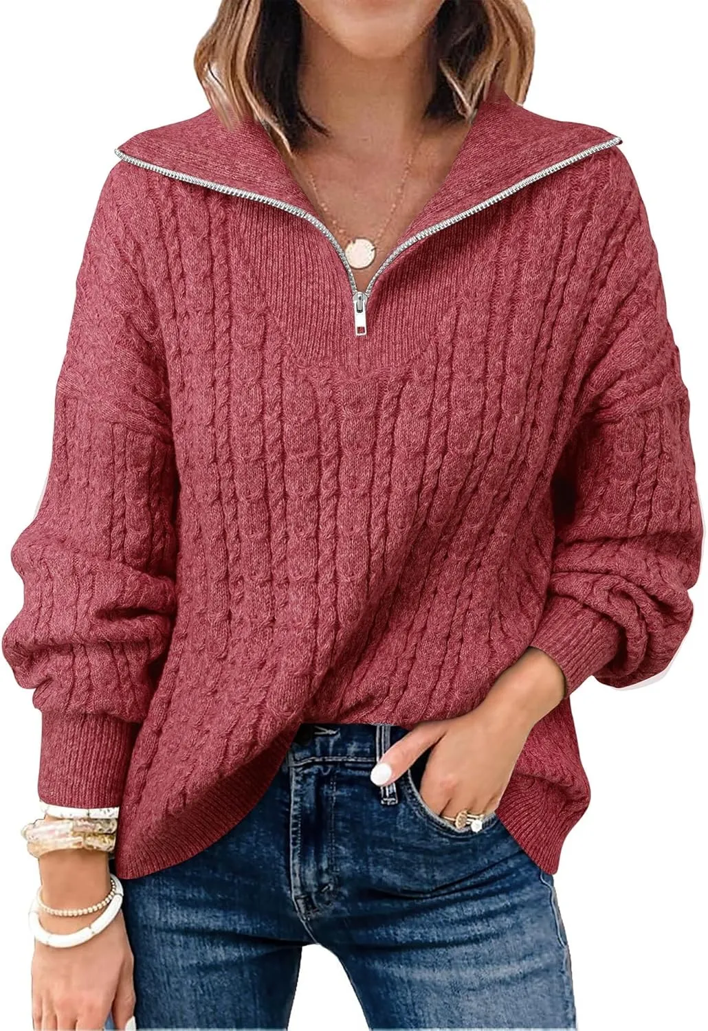 Vivilli Women's Oversized Sweater Quarter Zip Chunky Cable Knit Sweaters Fall Winter Fashion Pullover Sweater Tops