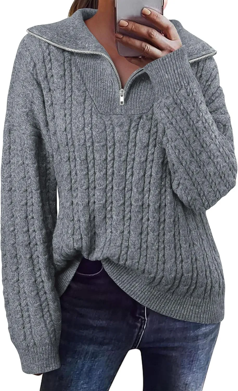 Vivilli Women's Oversized Sweater Quarter Zip Chunky Cable Knit Sweaters Fall Winter Fashion Pullover Sweater Tops