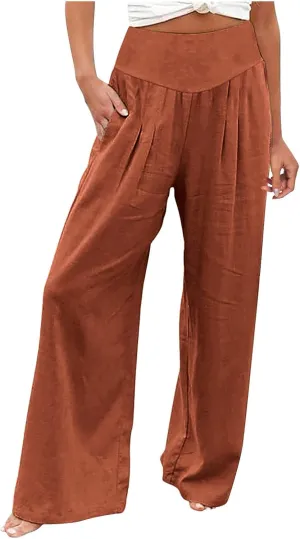 Wide Leg Cotton Pants for Women High Waist Wide Leg Loose Palazzo Beach Pants High Waist Plus Size Lounge Palazzo Trousers