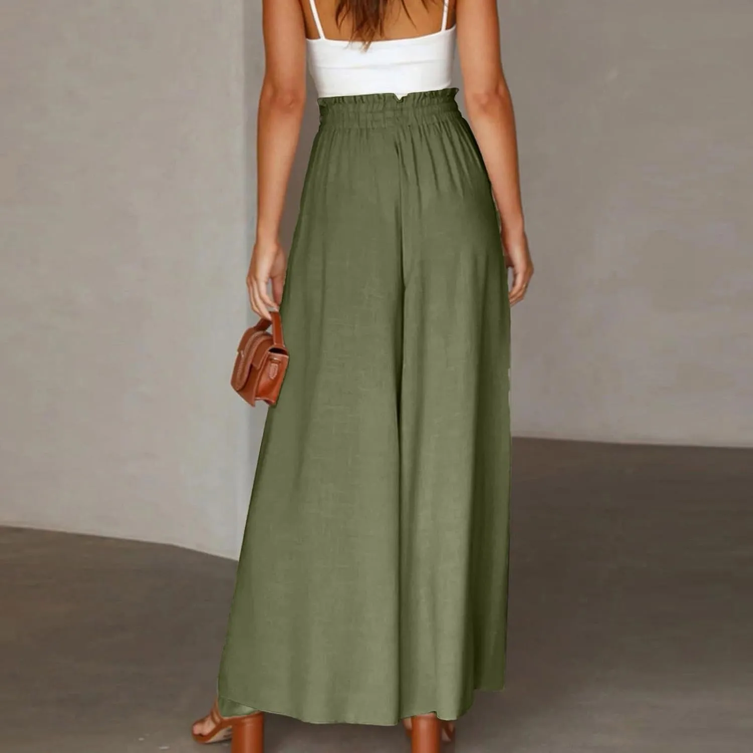 Wide Leg Dress Pants for Women Drawstring Pants Casual High Waisted Baggy Chiffon Palazzo Pant Lounge Beach Trousers