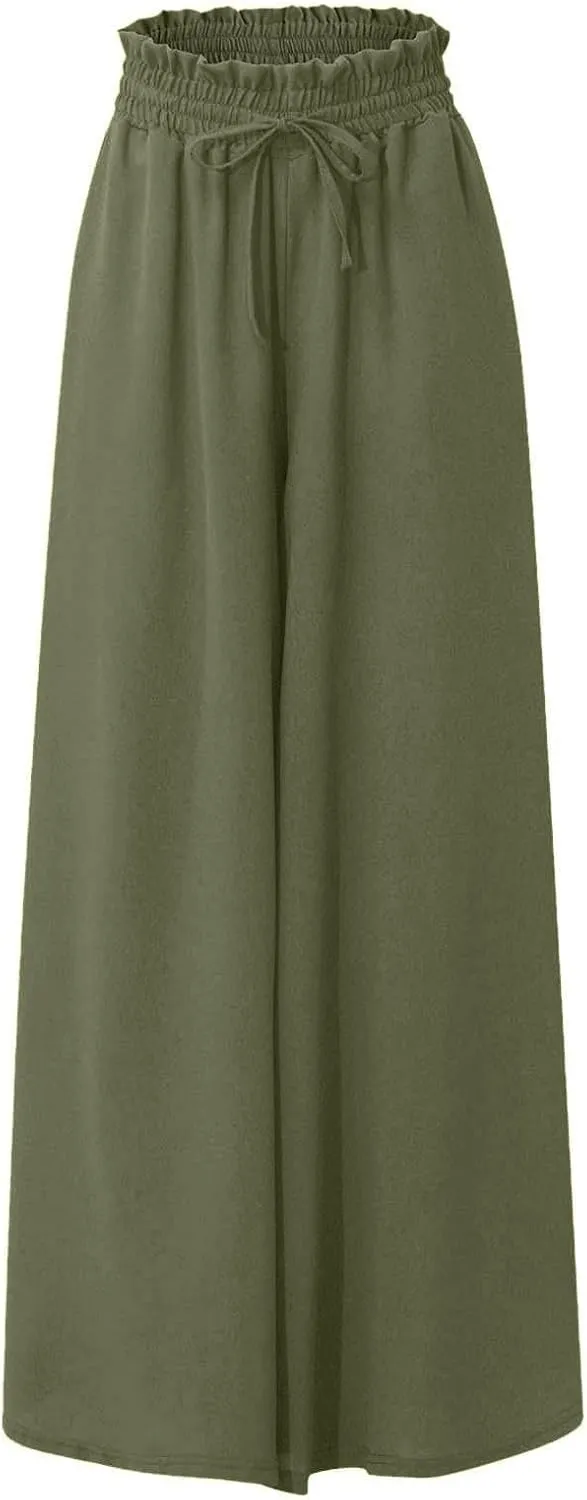 Wide Leg Dress Pants for Women Drawstring Pants Casual High Waisted Baggy Chiffon Palazzo Pant Lounge Beach Trousers