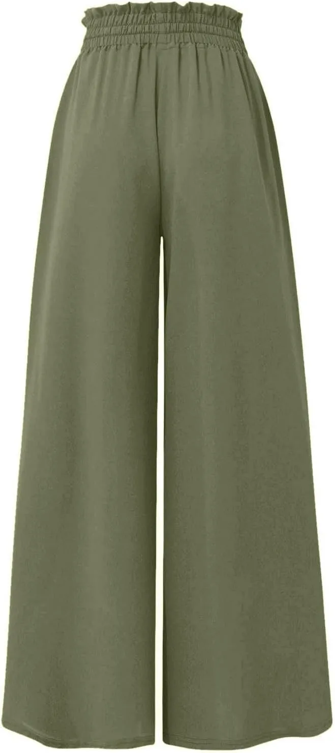 Wide Leg Dress Pants for Women Drawstring Pants Casual High Waisted Baggy Chiffon Palazzo Pant Lounge Beach Trousers
