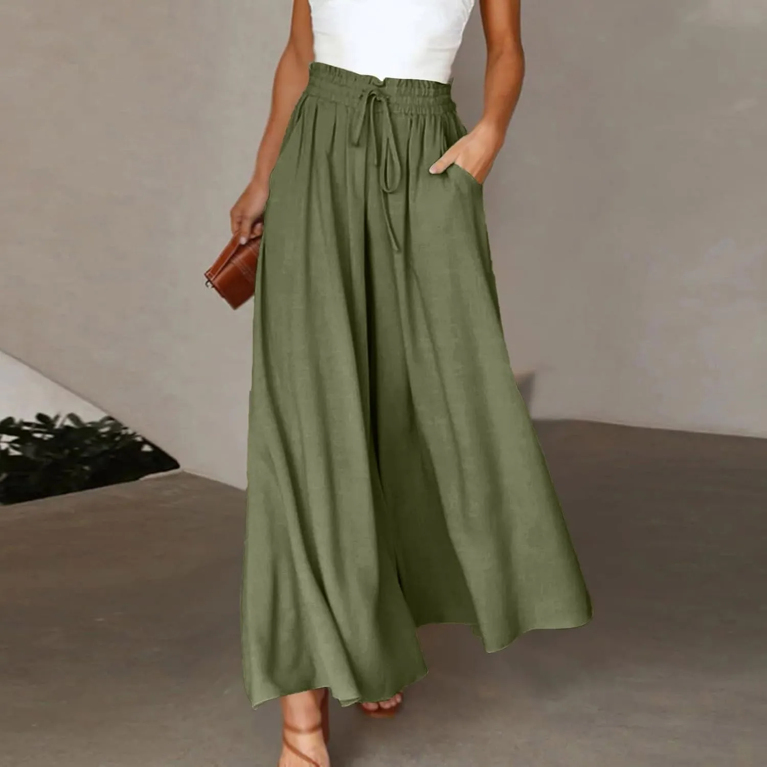 Wide Leg Dress Pants for Women Drawstring Pants Casual High Waisted Baggy Chiffon Palazzo Pant Lounge Beach Trousers