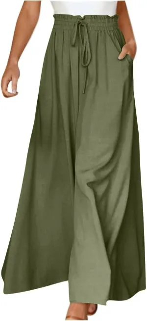 Wide Leg Dress Pants for Women Drawstring Pants Casual High Waisted Baggy Chiffon Palazzo Pant Lounge Beach Trousers