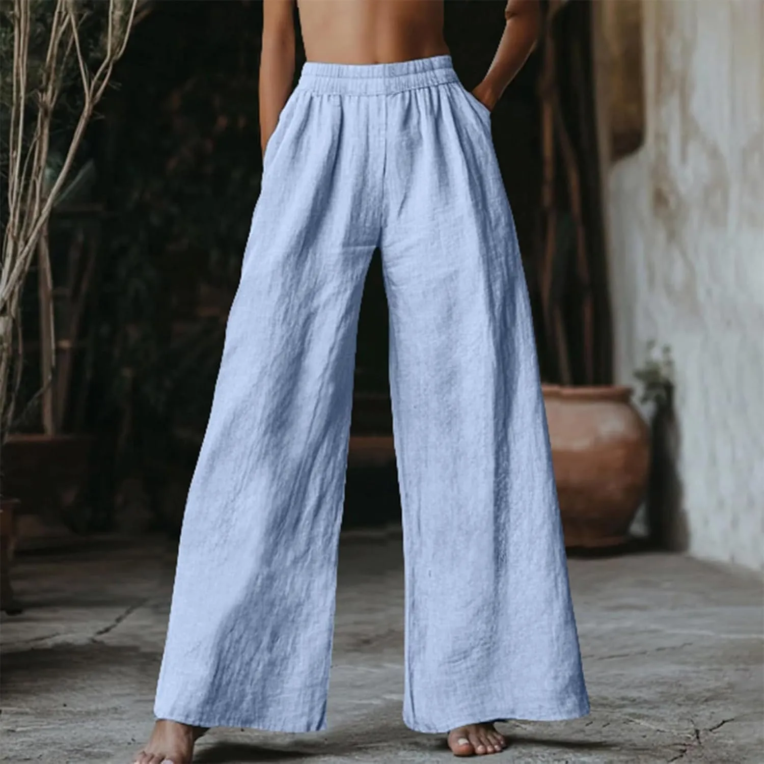 Wide Leg Linen Pants for Women 2025 Summer Casual Flowy Baggy Palazzo Trousers Loose Fit High Waisted with Pockets