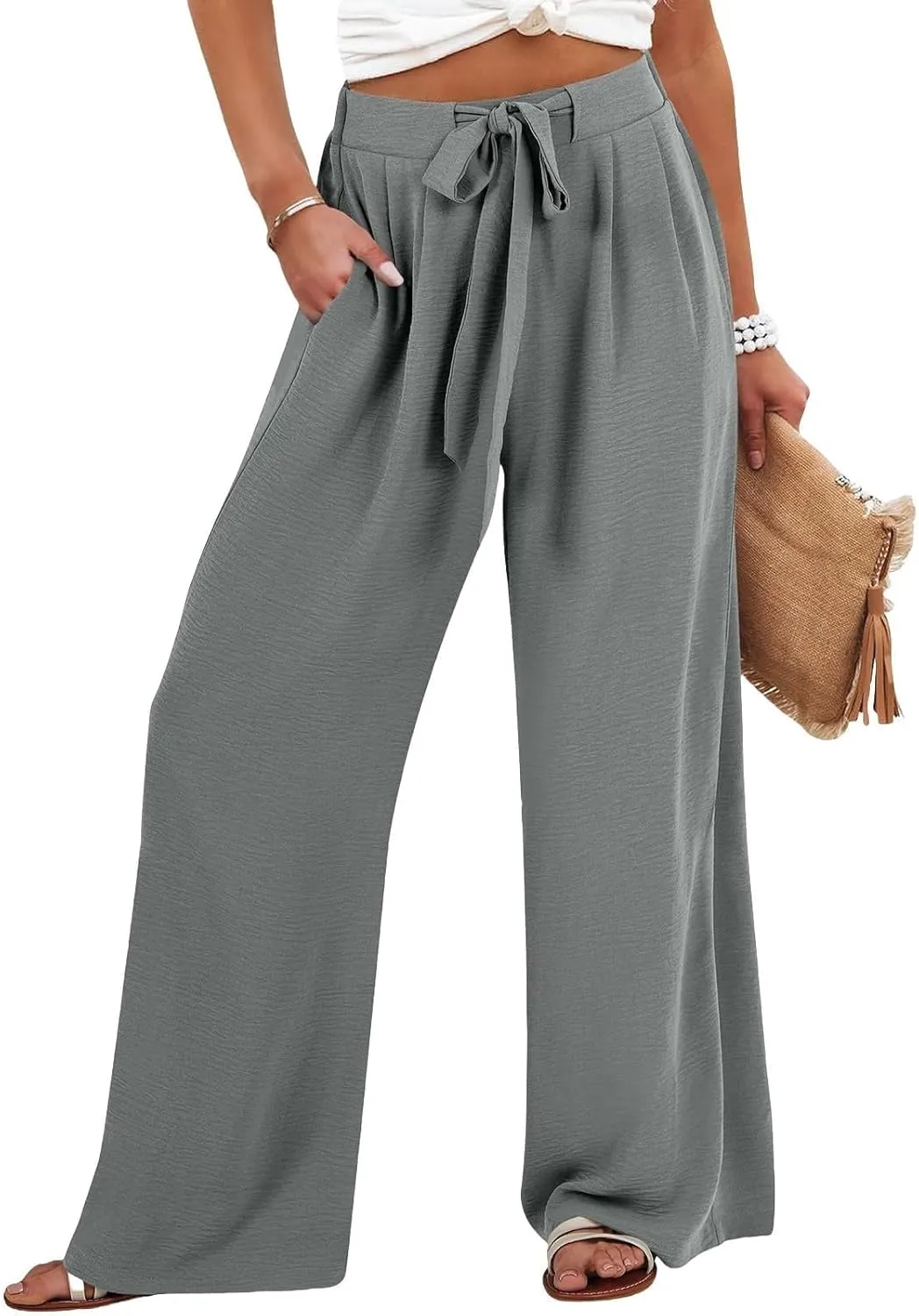 Wide Leg Linen Pants for Women Dressy High Waist Adjustable Knot Palazzo Lounge Trousers Business Work Casual Pants