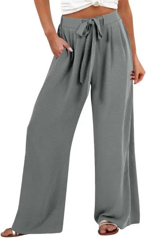 Wide Leg Linen Pants for Women Dressy High Waist Adjustable Knot Palazzo Lounge Trousers Business Work Casual Pants