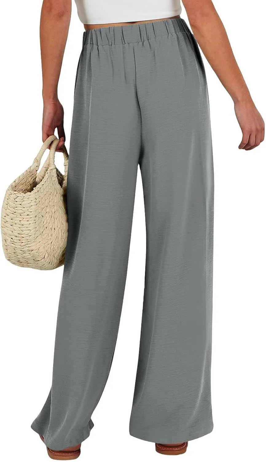 Wide Leg Linen Pants for Women Dressy High Waist Adjustable Knot Palazzo Lounge Trousers Business Work Casual Pants
