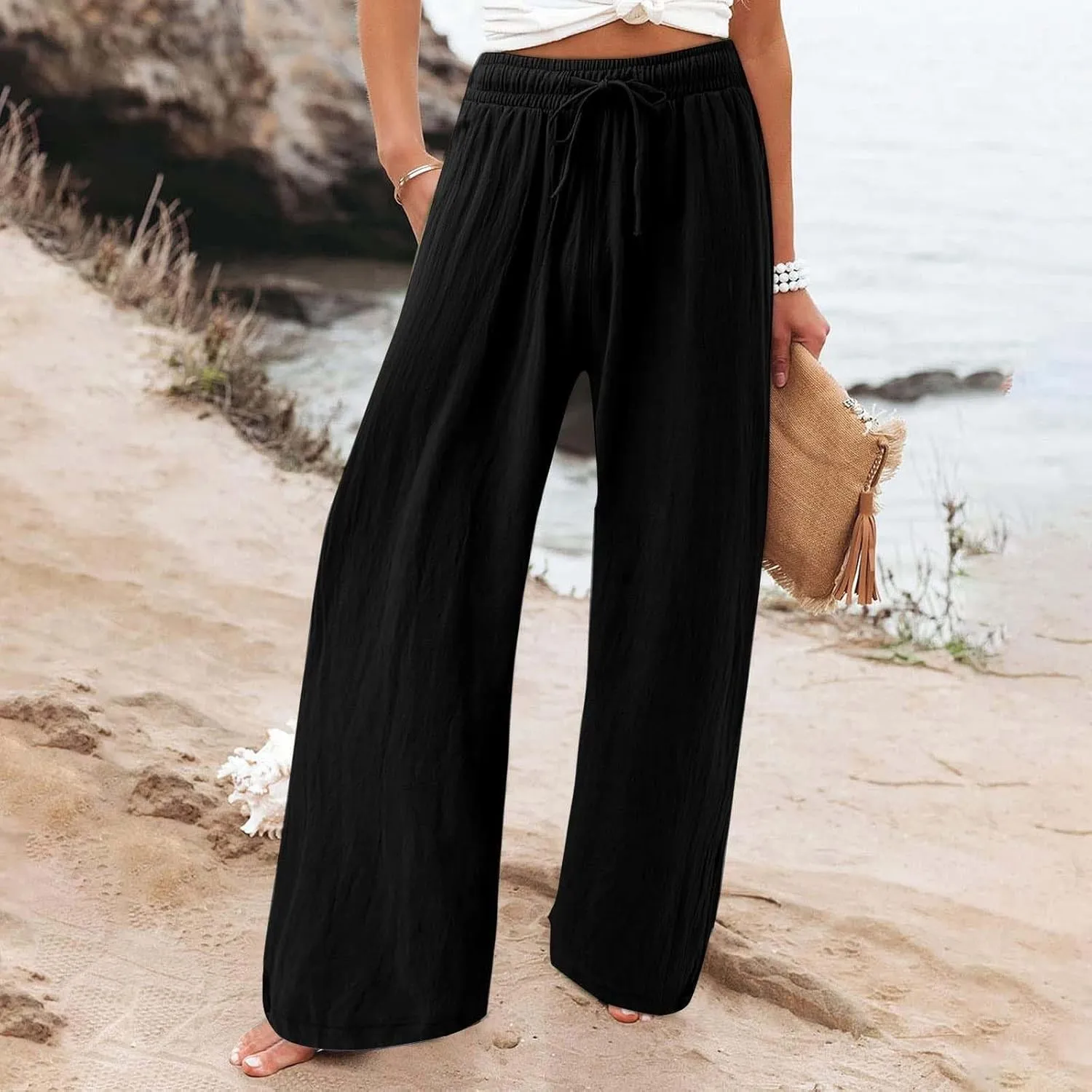 Wide Leg Linen Pants Women Plus Size High Waisted Palazzo Pant Casual Comfy Flowy Beach Summer Trousers with Pockets