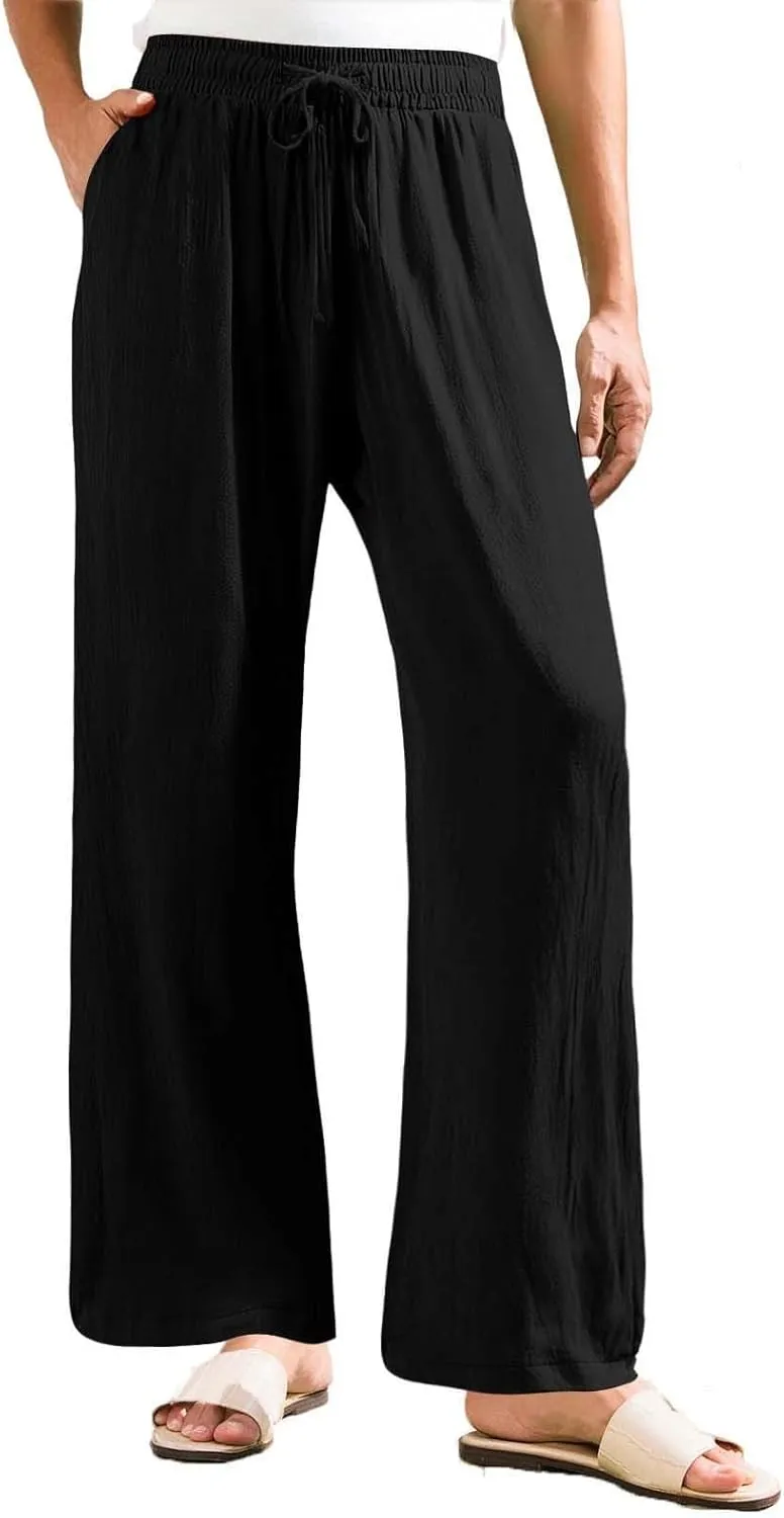 Wide Leg Linen Pants Women Plus Size High Waisted Palazzo Pant Casual Comfy Flowy Beach Summer Trousers with Pockets
