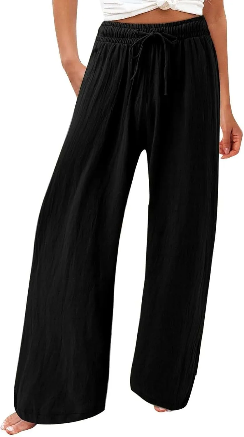 Wide Leg Linen Pants Women Plus Size High Waisted Palazzo Pant Casual Comfy Flowy Beach Summer Trousers with Pockets
