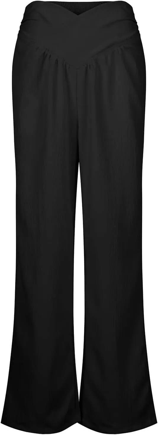 Wide Leg Palazzo Pants for Women Casual Beach Flowy Linen Pants Crossover High Waisted Long Lounge Pants with Pockets