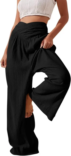 Wide Leg Palazzo Pants for Women Casual Beach Flowy Linen Pants Crossover High Waisted Long Lounge Pants with Pockets