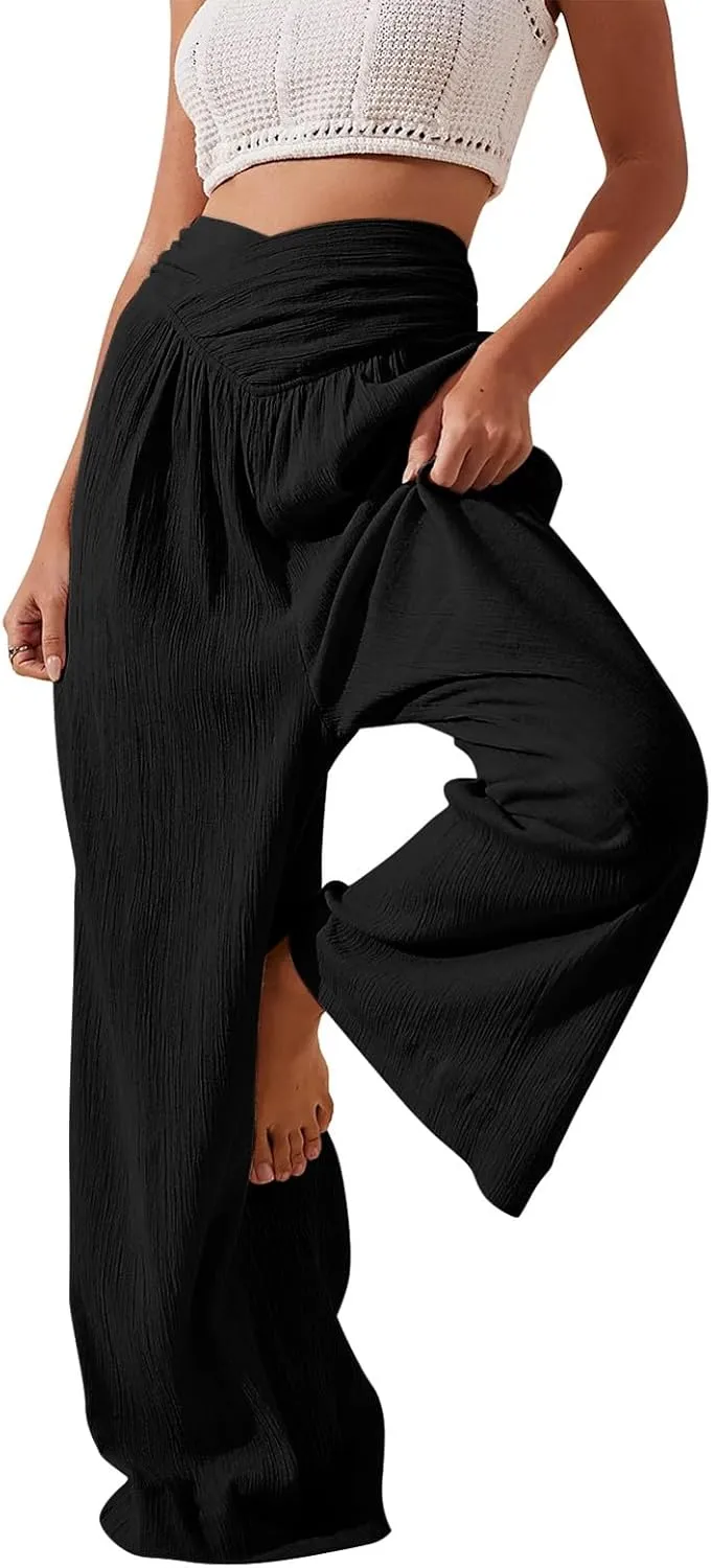 Wide Leg Palazzo Pants for Women Casual Beach Flowy Linen Pants Crossover High Waisted Long Lounge Pants with Pockets
