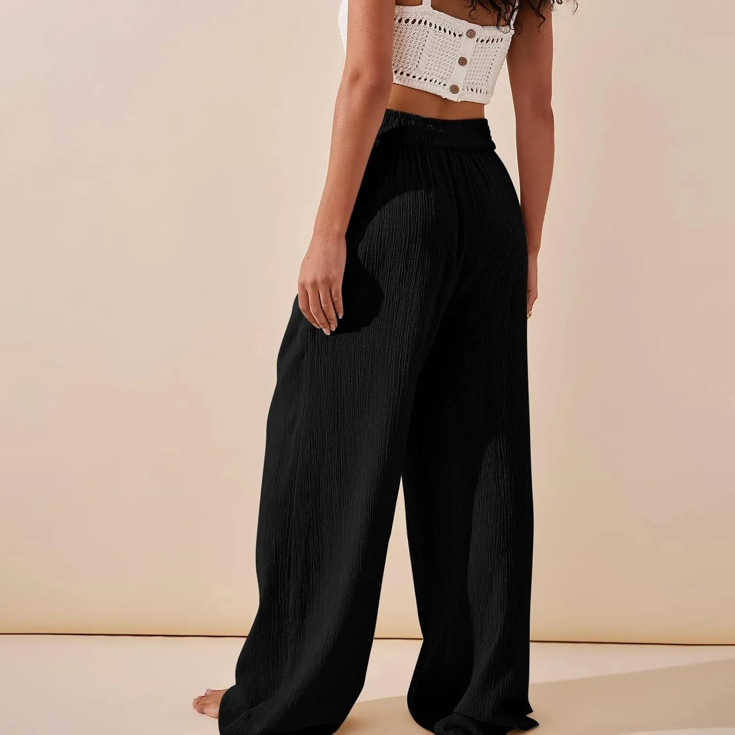 Wide Leg Palazzo Pants for Women Casual Beach Flowy Linen Pants Crossover High Waisted Long Lounge Pants with Pockets