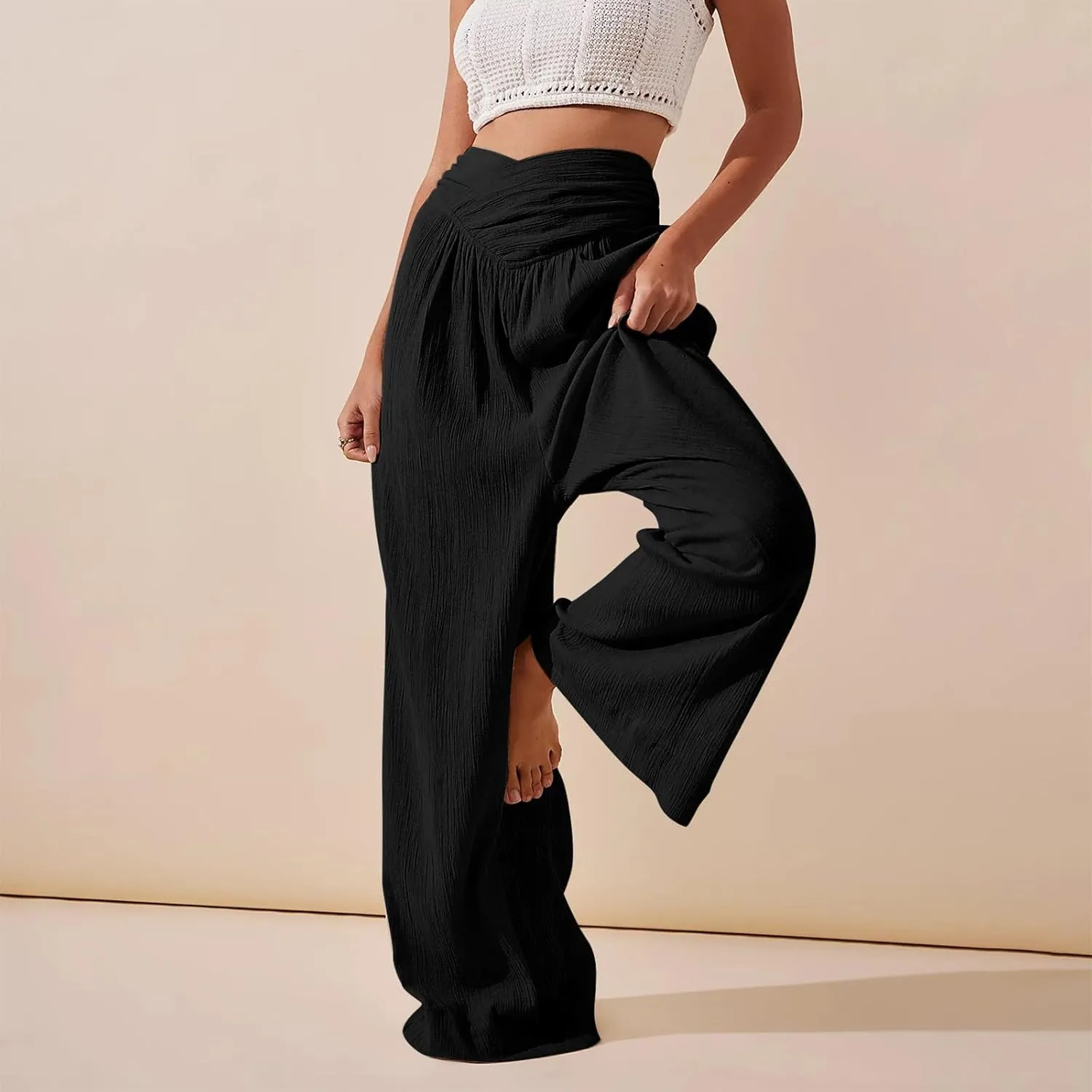 Wide Leg Palazzo Pants for Women Casual Beach Flowy Linen Pants Crossover High Waisted Long Lounge Pants with Pockets