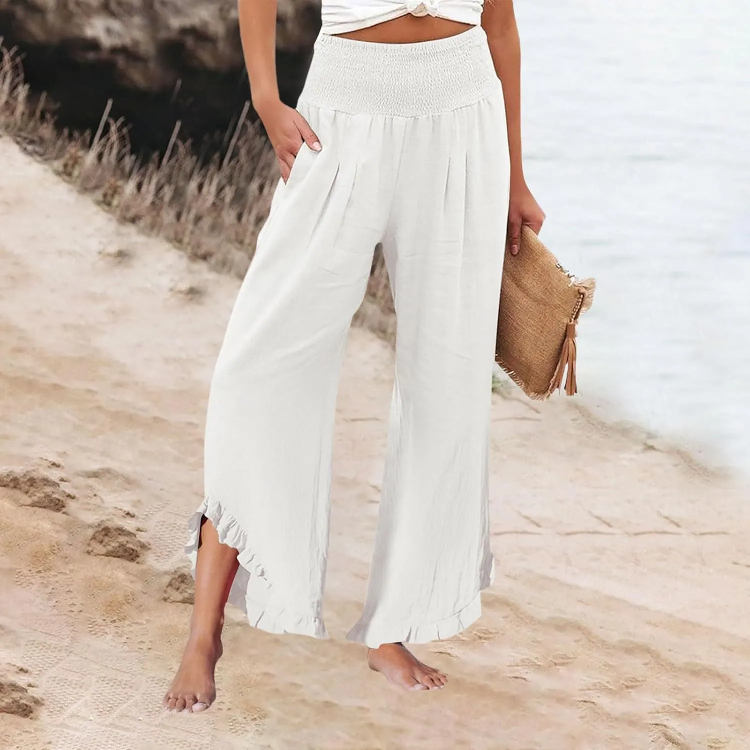 Wide Leg Pants Woman Elastic Waist High Waisted Smocked Linen Pants with Pockets Flowy Casual Summer Womens Trousers