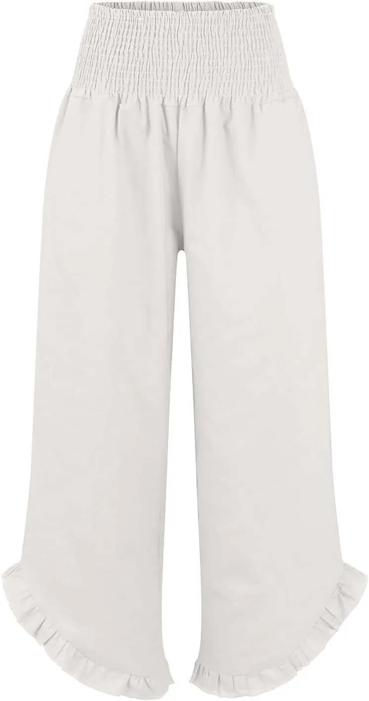 Wide Leg Pants Woman Elastic Waist High Waisted Smocked Linen Pants with Pockets Flowy Casual Summer Womens Trousers